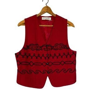 Elegant Red Pure Wool Vintage Vest with Decorative Black Embroidery, Chic Formal